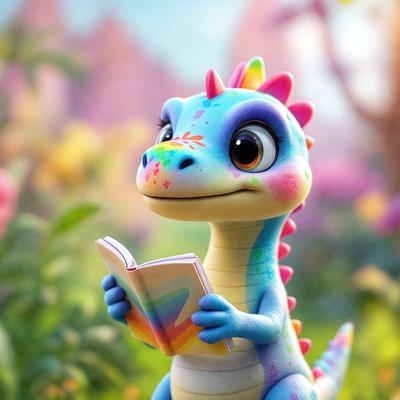 The primary subject of the image is a colorful, cartoon-like dinosaur holding a book. The dinosaur is standing in a field with flowers, creating a lively and vibrant scene. The visual style of the image is a combination of photo and digital art, giving it a unique and creative appearance. The dominant colors in the image are pink, blue, and green, which contribute to the cheerful and playful mood of the scene.